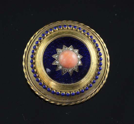 A Victorian gold, blue enamel, coral bead and rose cut diamond set target brooch, 1.5in.